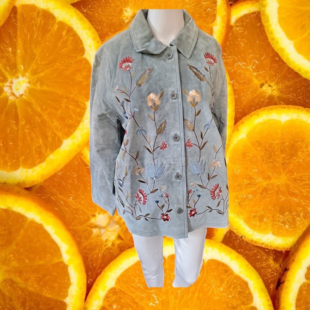 New Jessica Holbrook Leather Button Up Light Blue with Flowers Jacket Size Large
